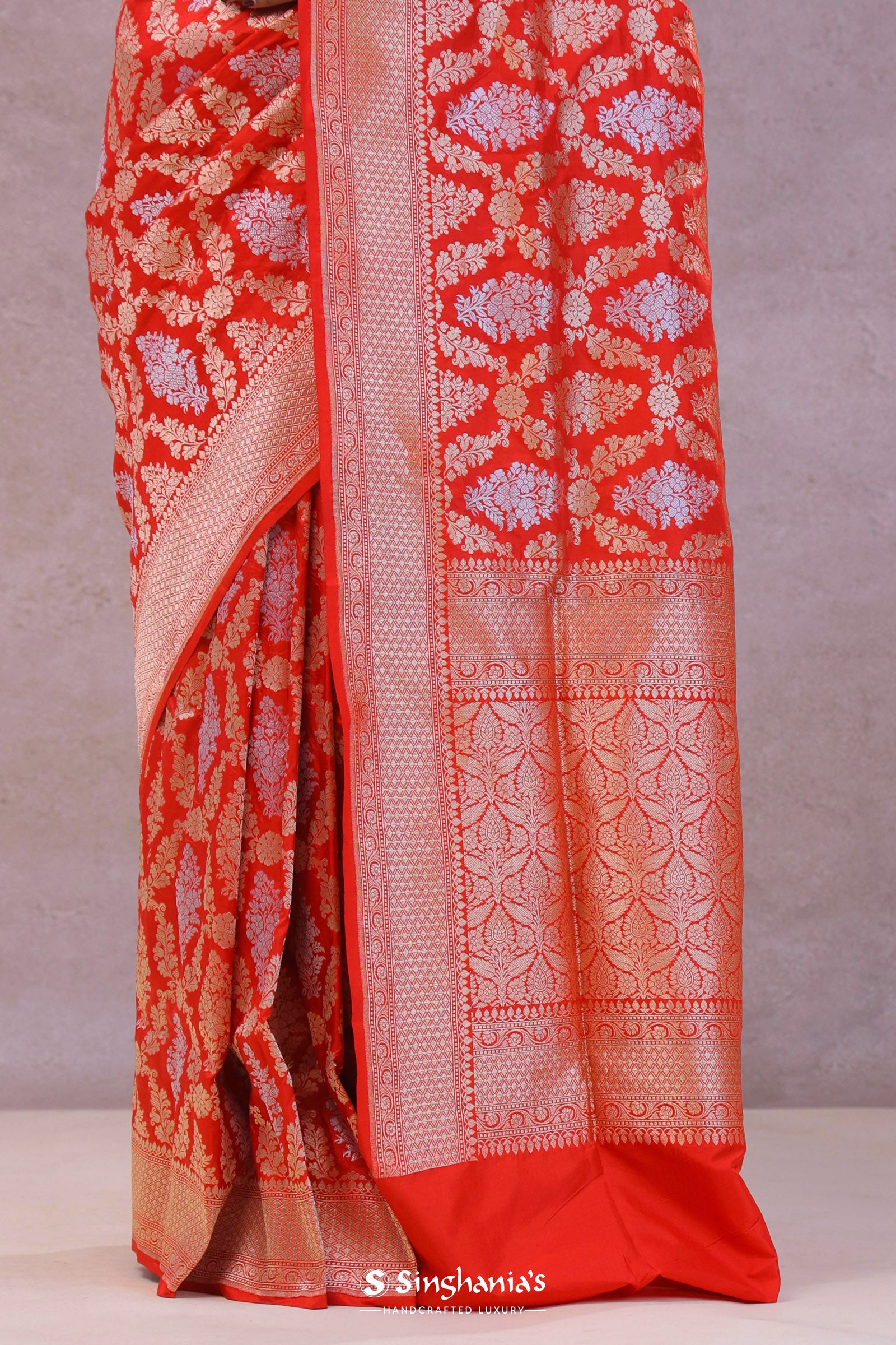 Vibrate Orange Baranasi Silk Saree With Gold Zari Border