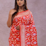 Vibrate Orange Baranasi Silk Saree With Gold Zari Border