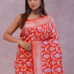 Vibrate Orange Baranasi Silk Saree With Gold Zari Border