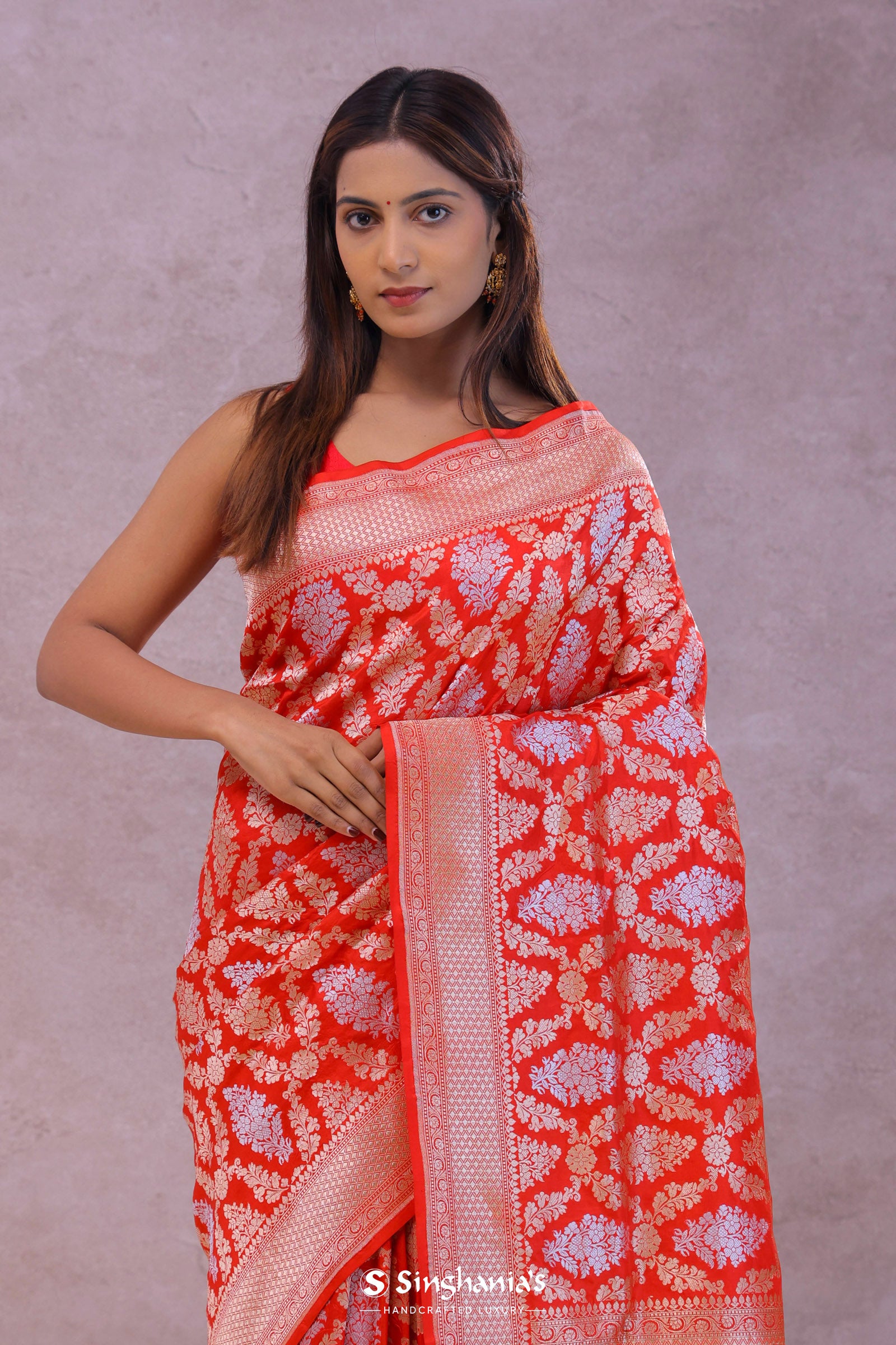 Vibrate Orange Baranasi Silk Saree With Gold Zari Border