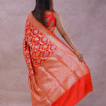 Vibrate Orange Baranasi Silk Saree With Gold Zari Border