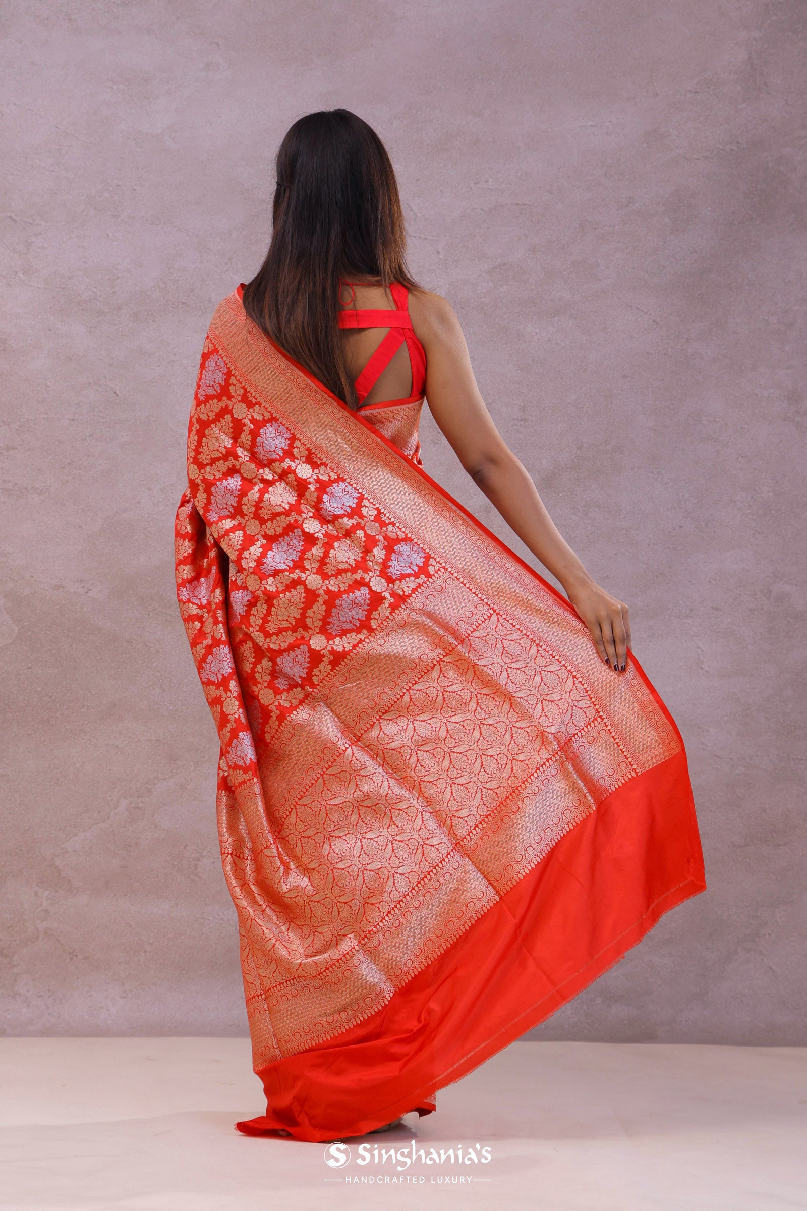 Vibrate Orange Baranasi Silk Saree With Gold Zari Border
