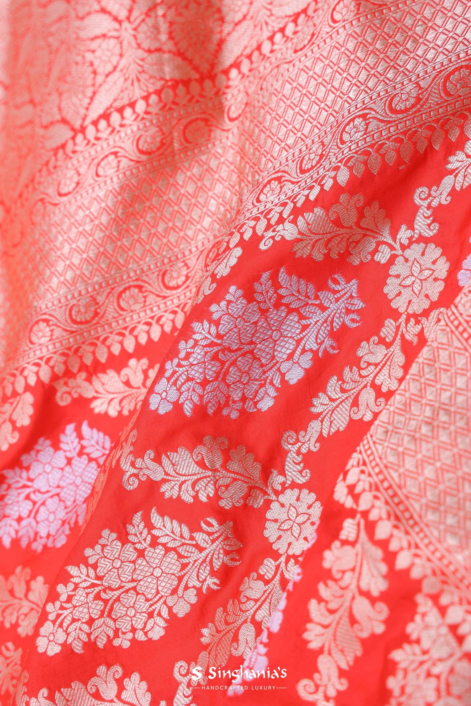 Vibrate Orange Baranasi Silk Saree With Gold Zari Border