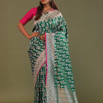 Green Banarasi Saree With Edge Contrast Gold Zari Border