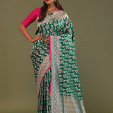 Green Banarasi Saree With Edge Contrast Gold Zari Border