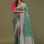 Green Banarasi Saree With Edge Contrast Gold Zari Border