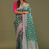 Green Banarasi Saree With Edge Contrast Gold Zari Border