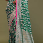 Green Banarasi Saree With Edge Contrast Gold Zari Border