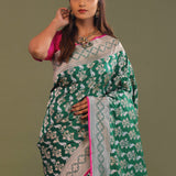 Green Banarasi Saree With Edge Contrast Gold Zari Border