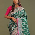 Green Banarasi Saree With Edge Contrast Gold Zari Border