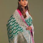 Green Banarasi Saree With Edge Contrast Gold Zari Border