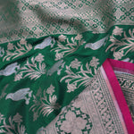 Green Banarasi Saree With Edge Contrast Gold Zari Border