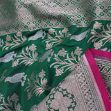 Green Banarasi Saree With Edge Contrast Gold Zari Border