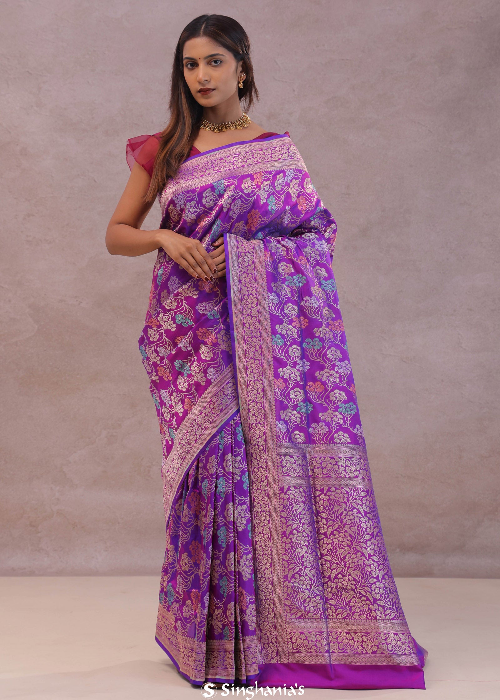 Purple Banarasi Silk Saree With Jamdani And Meenakari Design