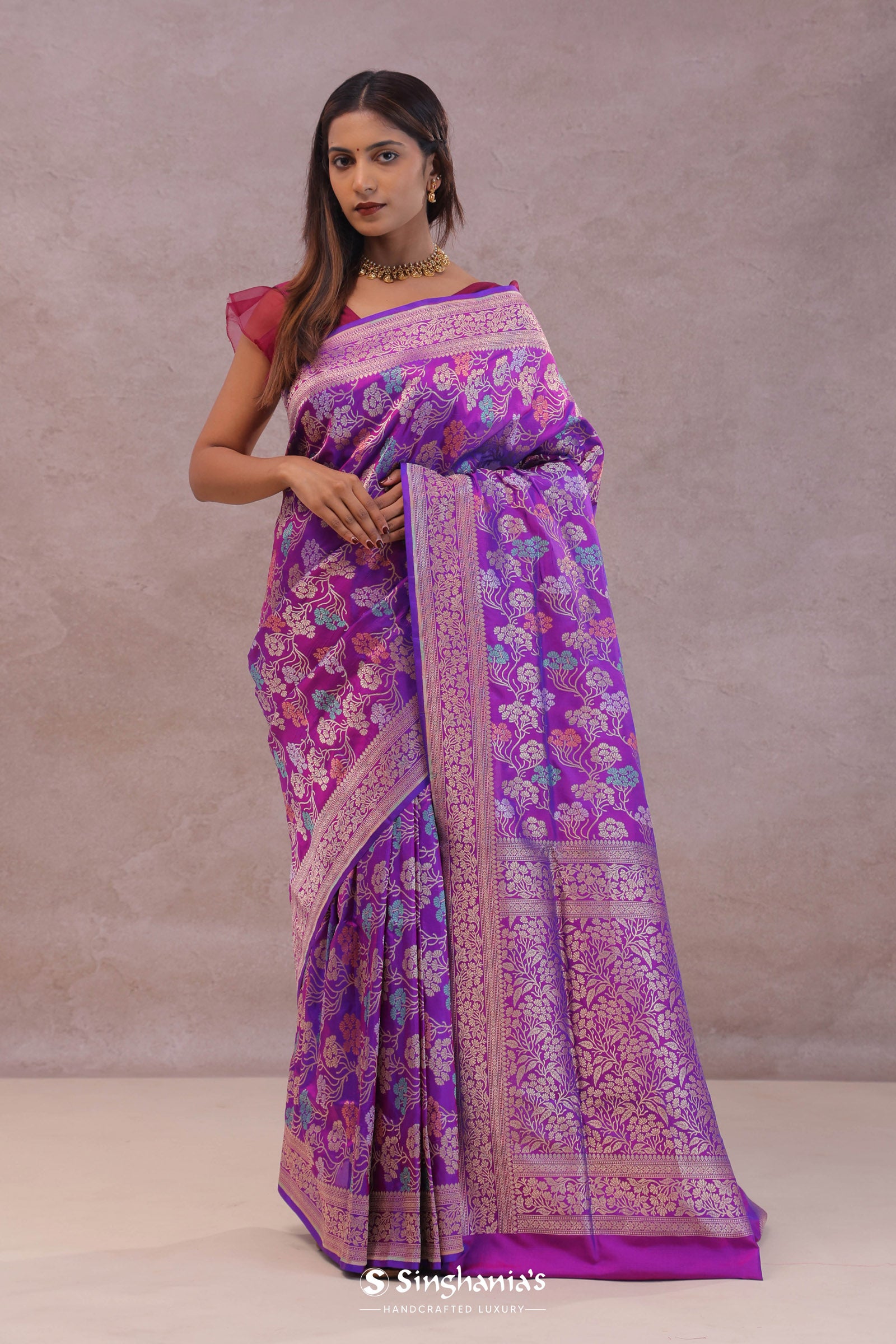 Purple Banarasi Silk Saree With Jamdani And Meenakari Design