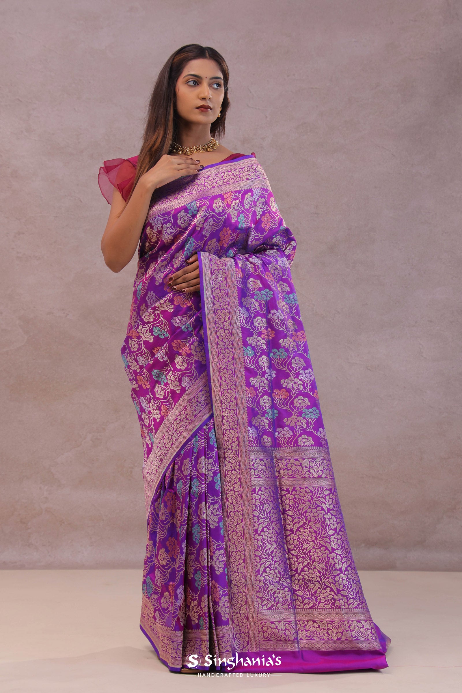 Purple Banarasi Silk Saree With Jamdani And Meenakari Design