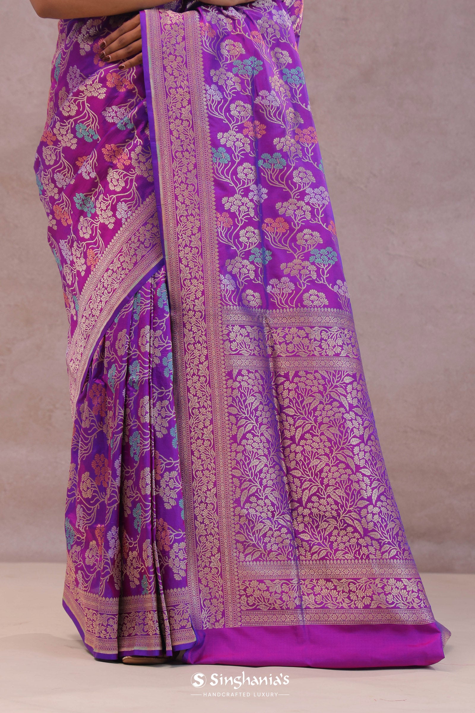Purple Banarasi Silk Saree With Jamdani And Meenakari Design
