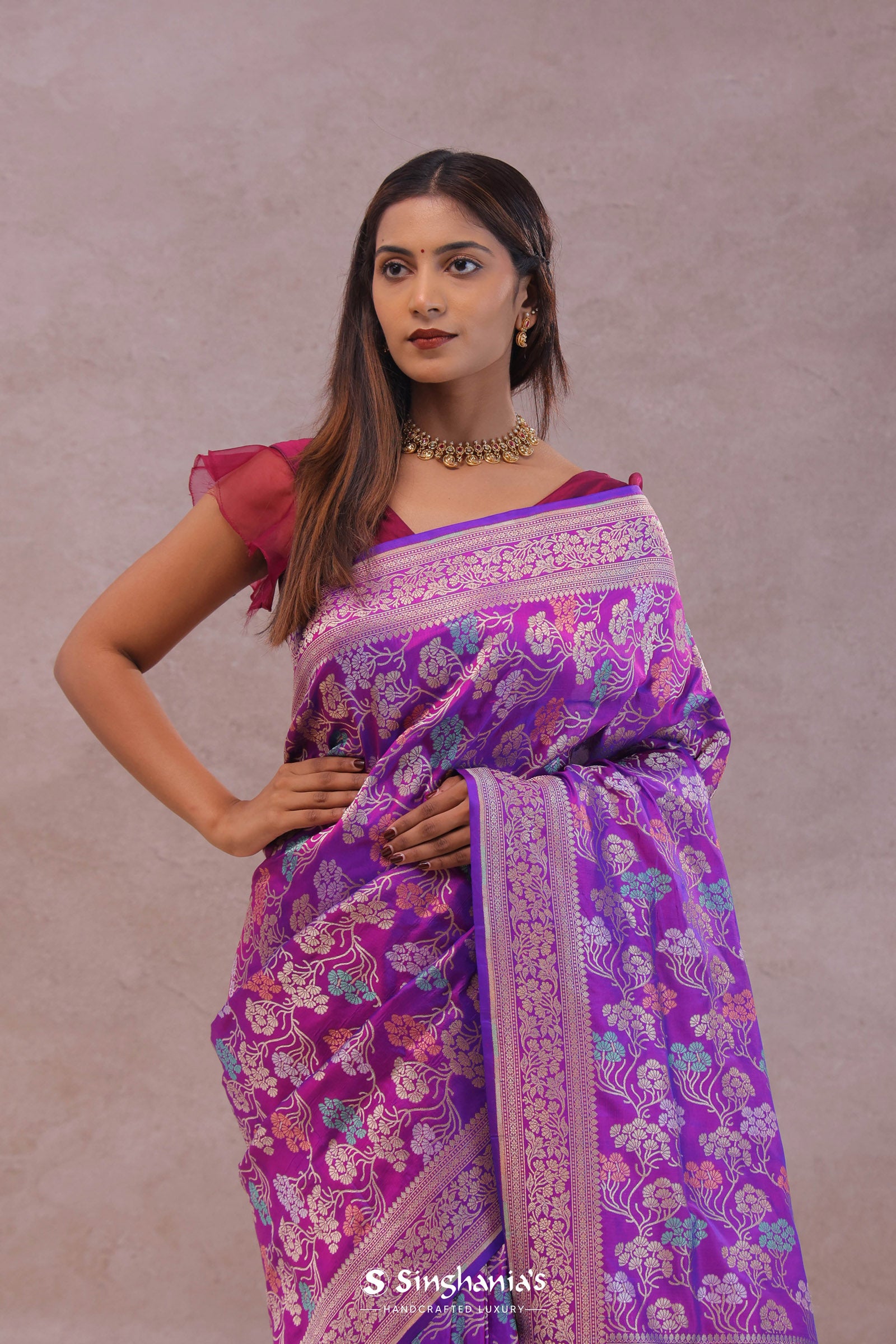 Purple Banarasi Silk Saree With Jamdani And Meenakari Design