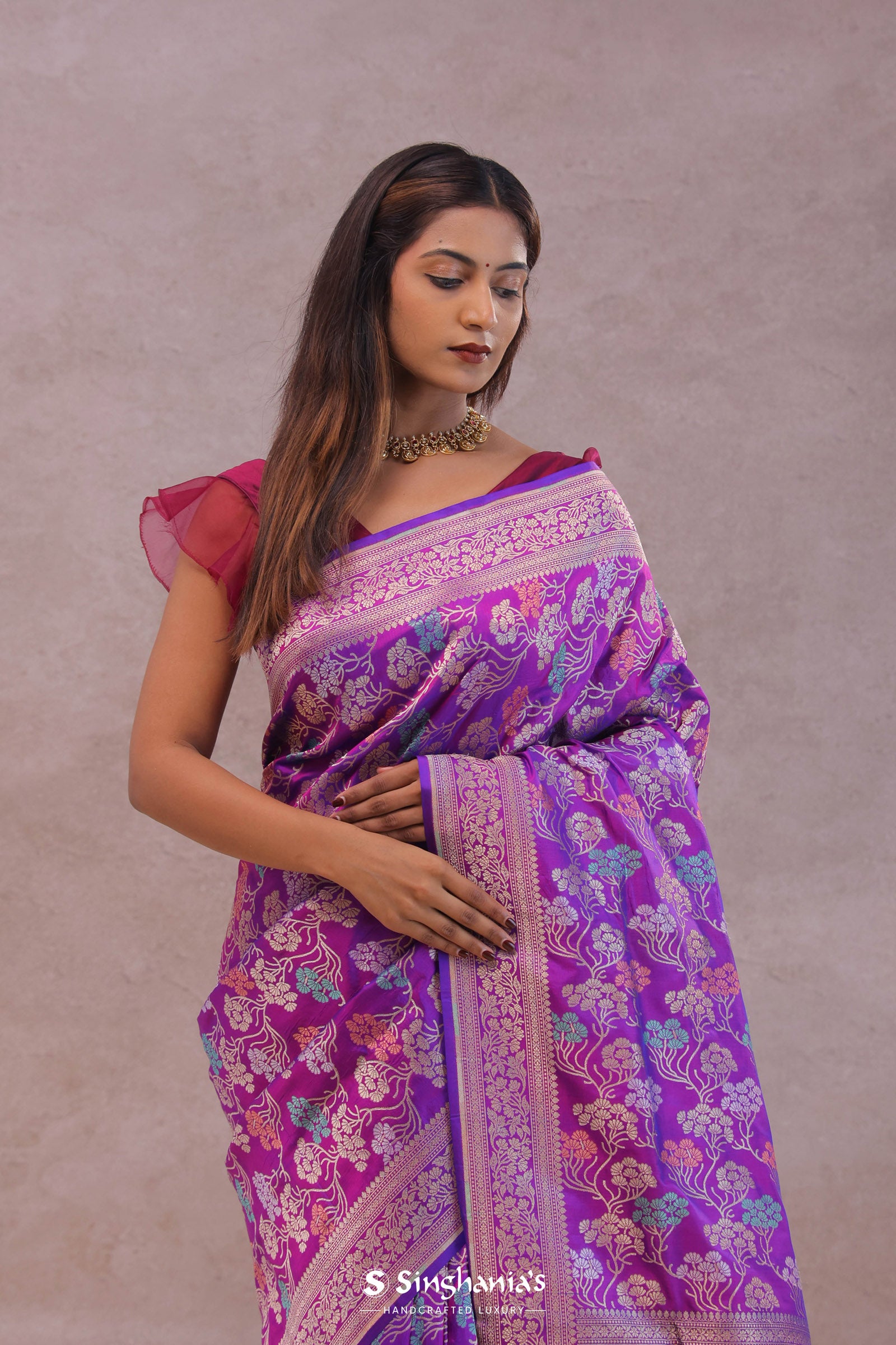 Purple Banarasi Silk Saree With Jamdani And Meenakari Design