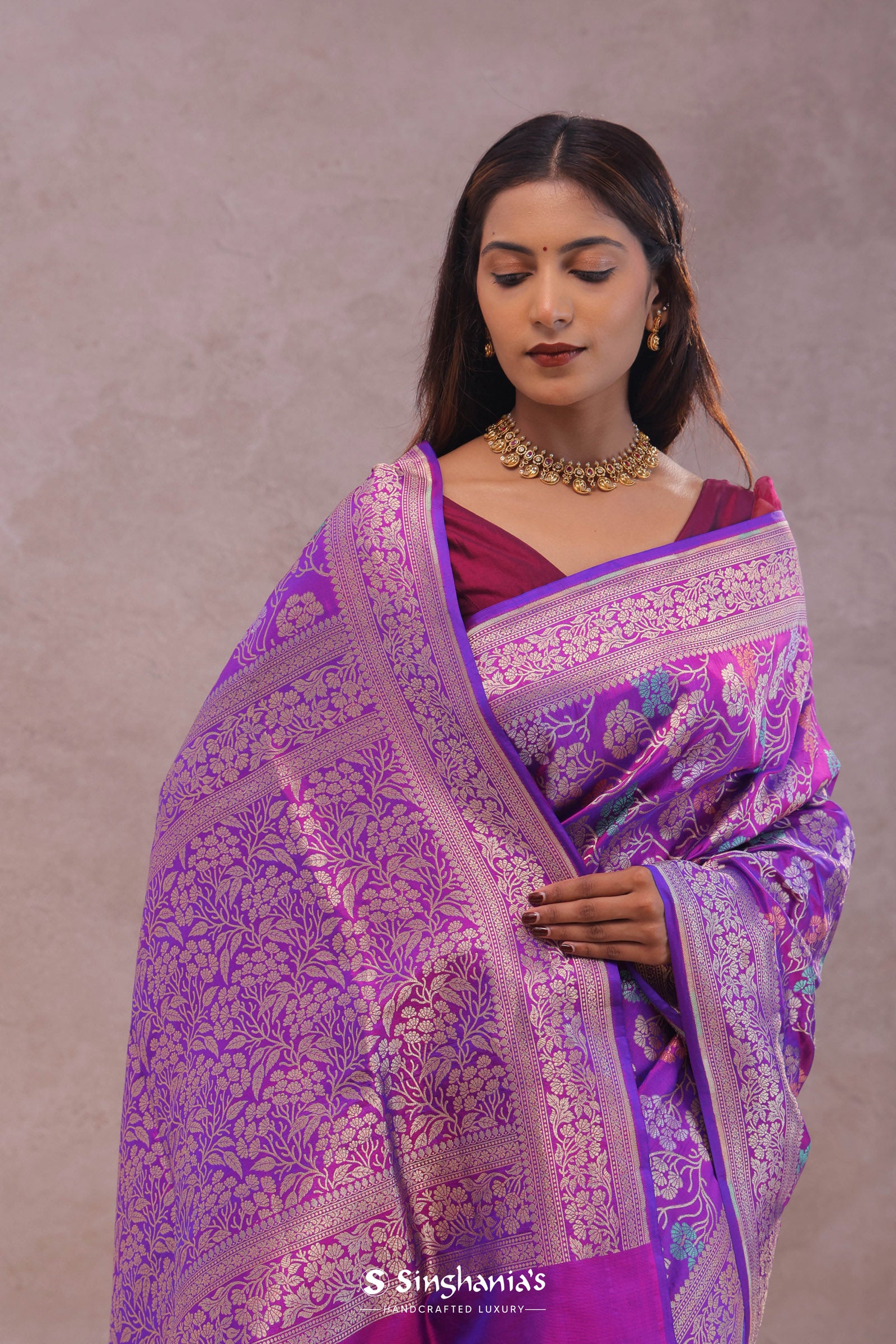 Purple Banarasi Silk Saree With Jamdani And Meenakari Design