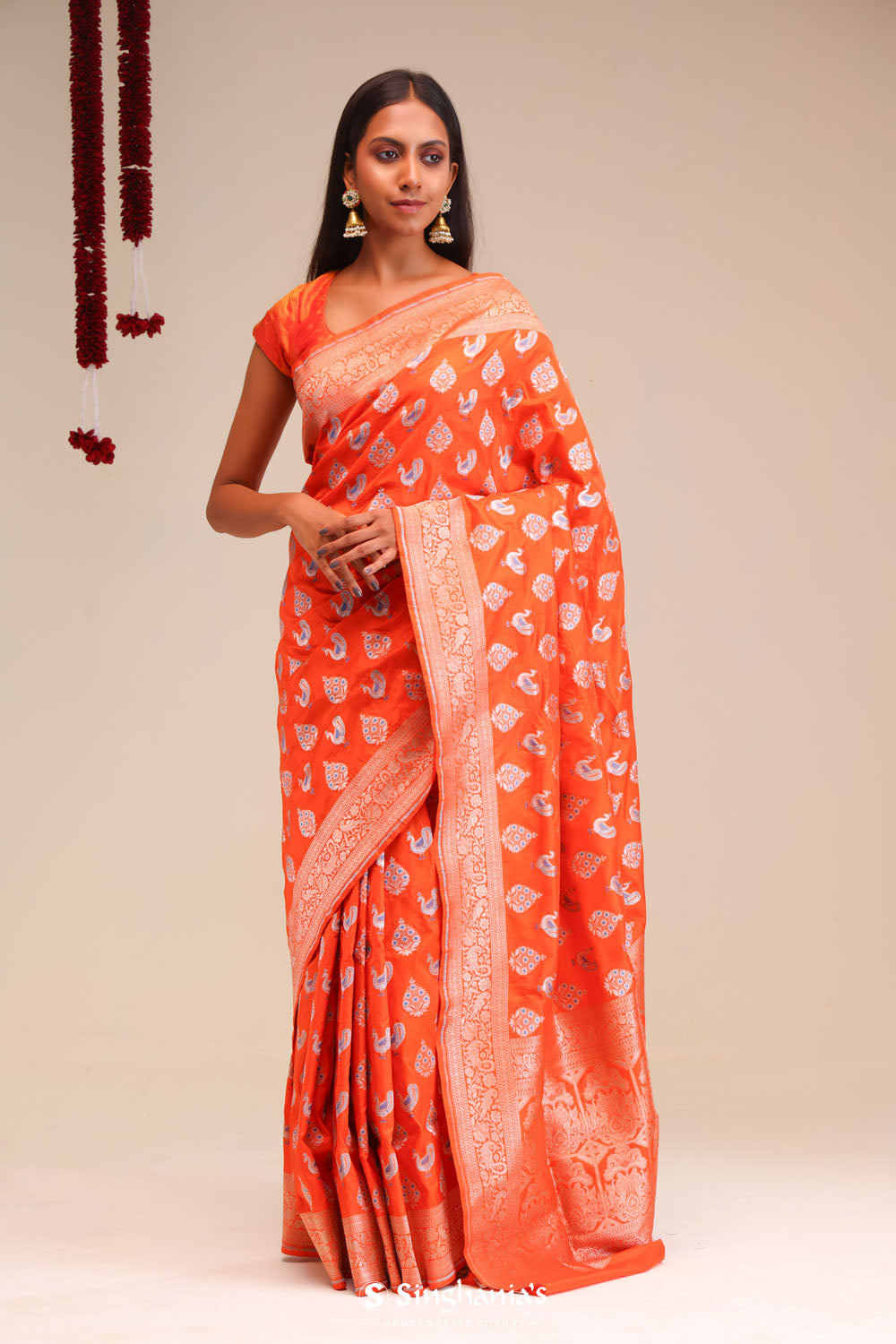 Orioles Orange Butta Banarasi Silk Saree