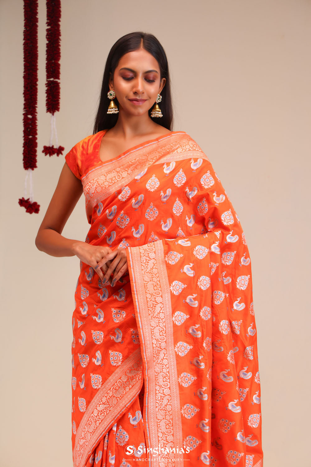 Orioles Orange Butta Banarasi Silk Saree