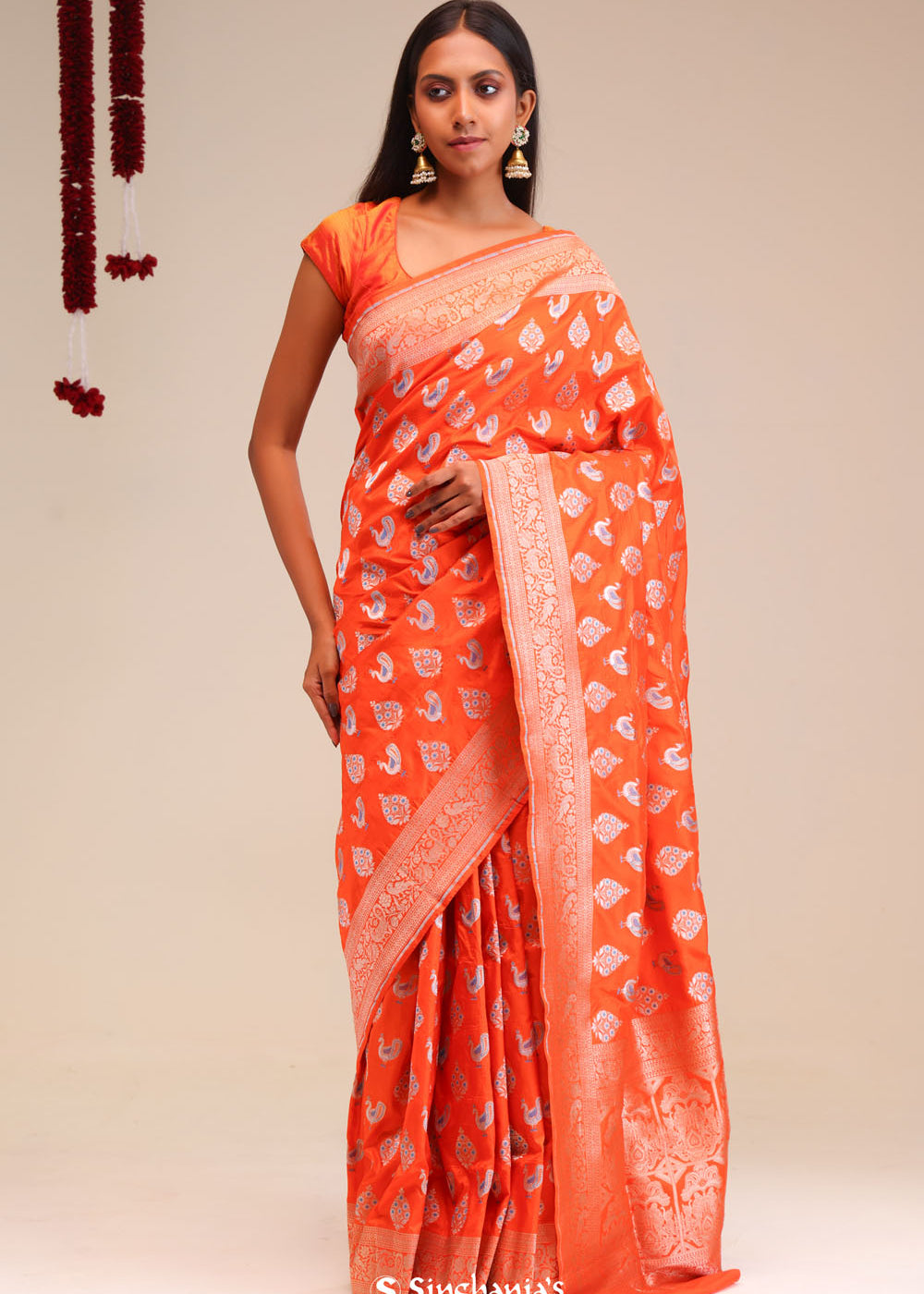 Orioles Orange Butta Banarasi Silk Saree