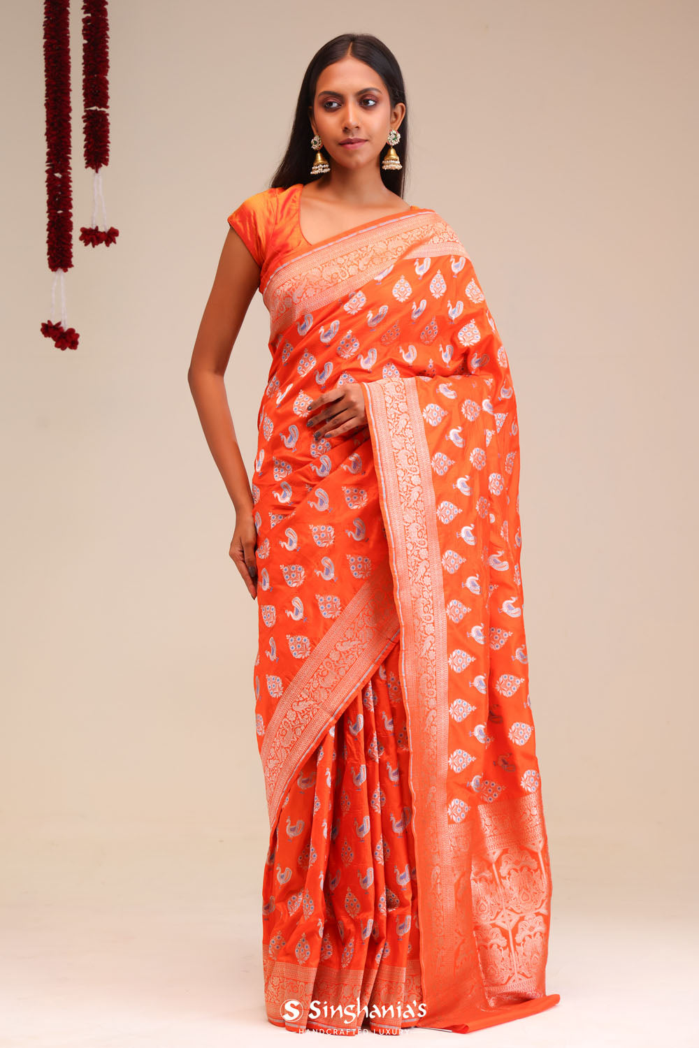 Orioles Orange Butta Banarasi Silk Saree