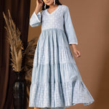 Khadi Printed Blue Cotton Cambric Dress