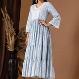 Khadi Printed Blue Cotton Cambric Dress