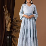Khadi Printed Blue Cotton Cambric Dress
