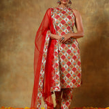Red Floral Medallion Printed Sleeveless Salwar Set With Net Dupatta