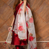 Deep Red Silk Blend Salwar Set With Floral Printed Dupatta