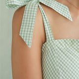Sage Gingham Tie-Strap Gown