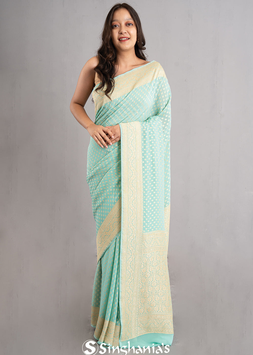 Tiffany Blue Banarasi Booti Georgette Saree