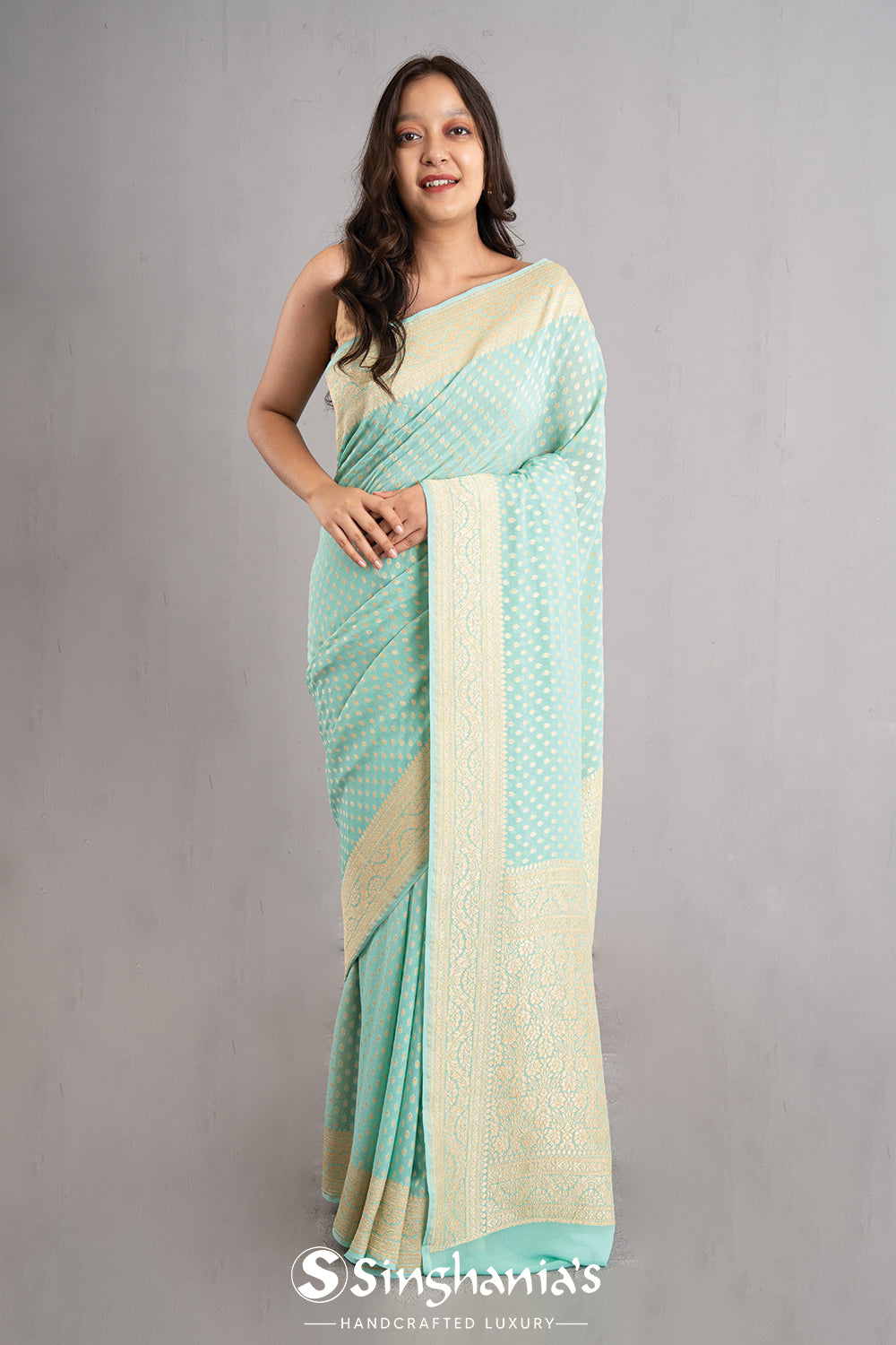 Tiffany Blue Banarasi Booti Georgette Saree