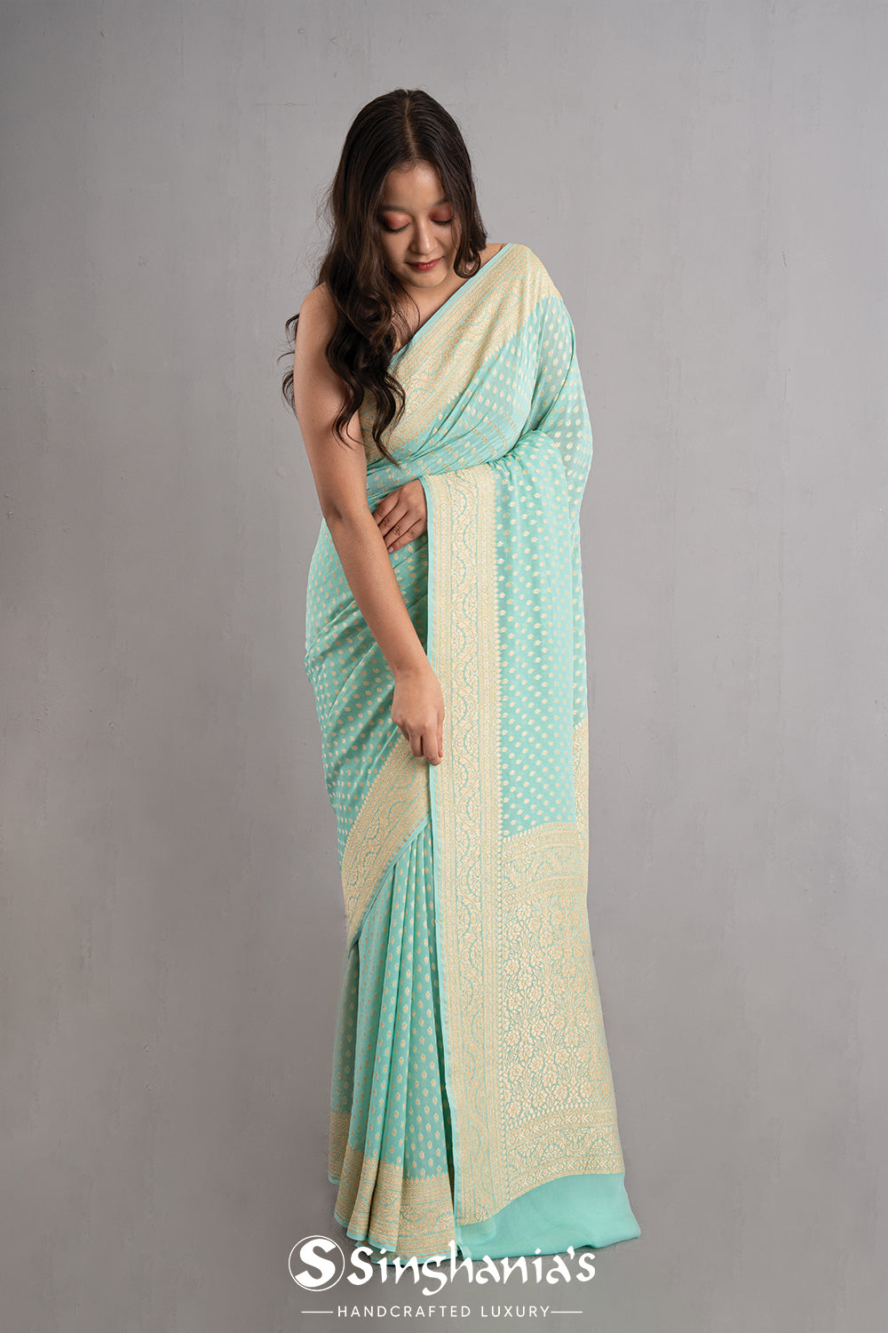 Tiffany Blue Banarasi Booti Georgette Saree
