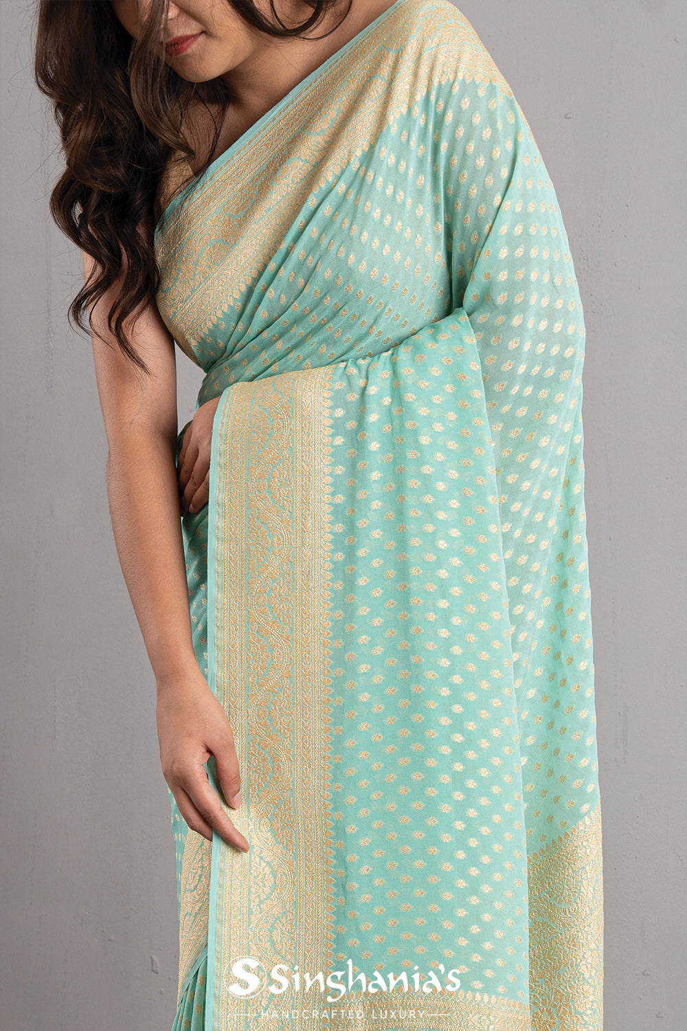 Tiffany Blue Banarasi Booti Georgette Saree