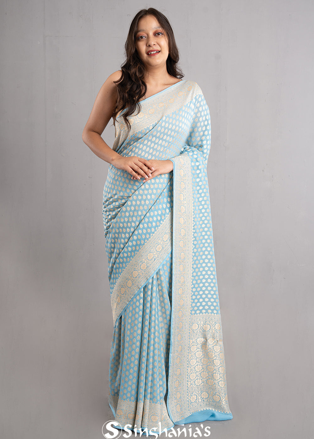 Uranian Blue Banarasi Booti Georgette Saree