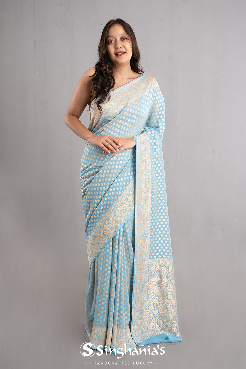 Uranian Blue Banarasi Booti Georgette Saree