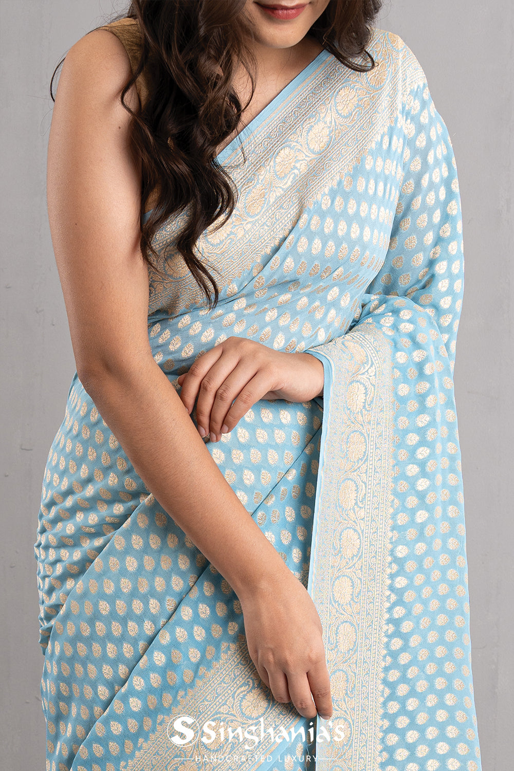 Uranian Blue Banarasi Booti Georgette Saree