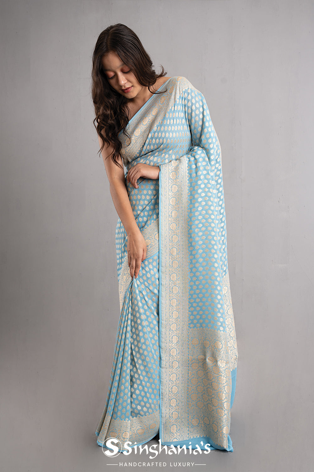 Uranian Blue Banarasi Booti Georgette Saree