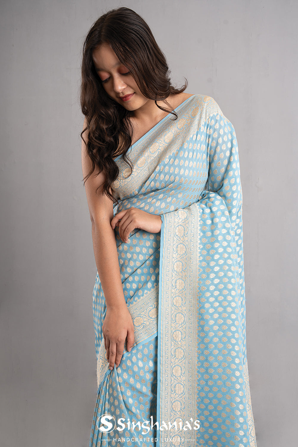 Uranian Blue Banarasi Booti Georgette Saree
