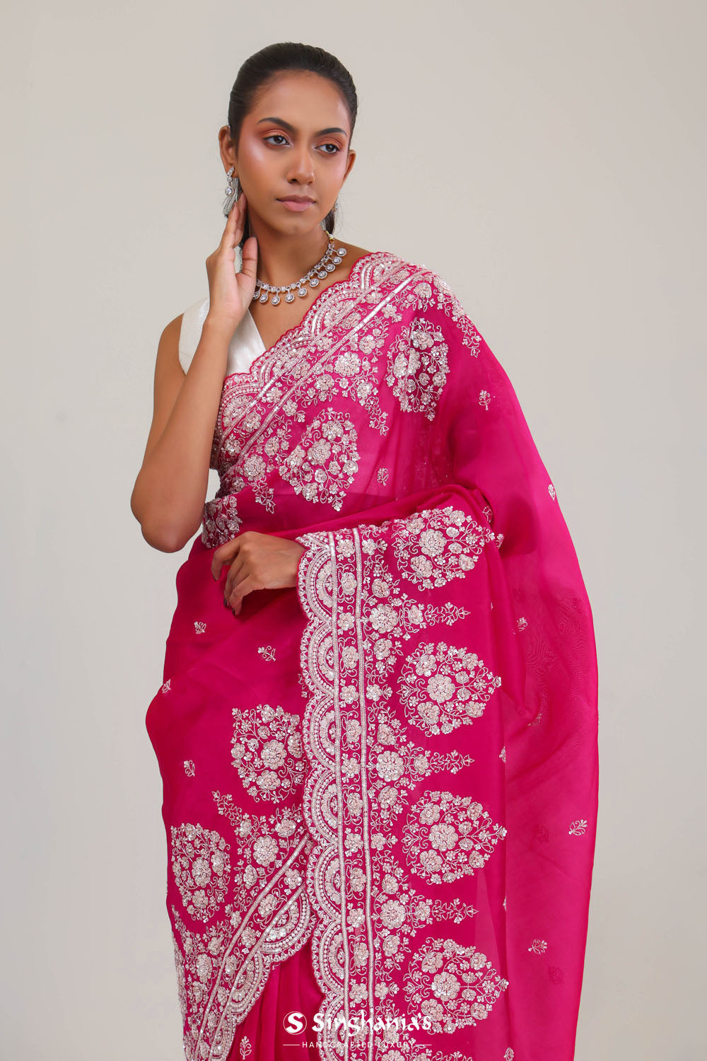 Cherry Pink Crafted Buttis Organza Saree