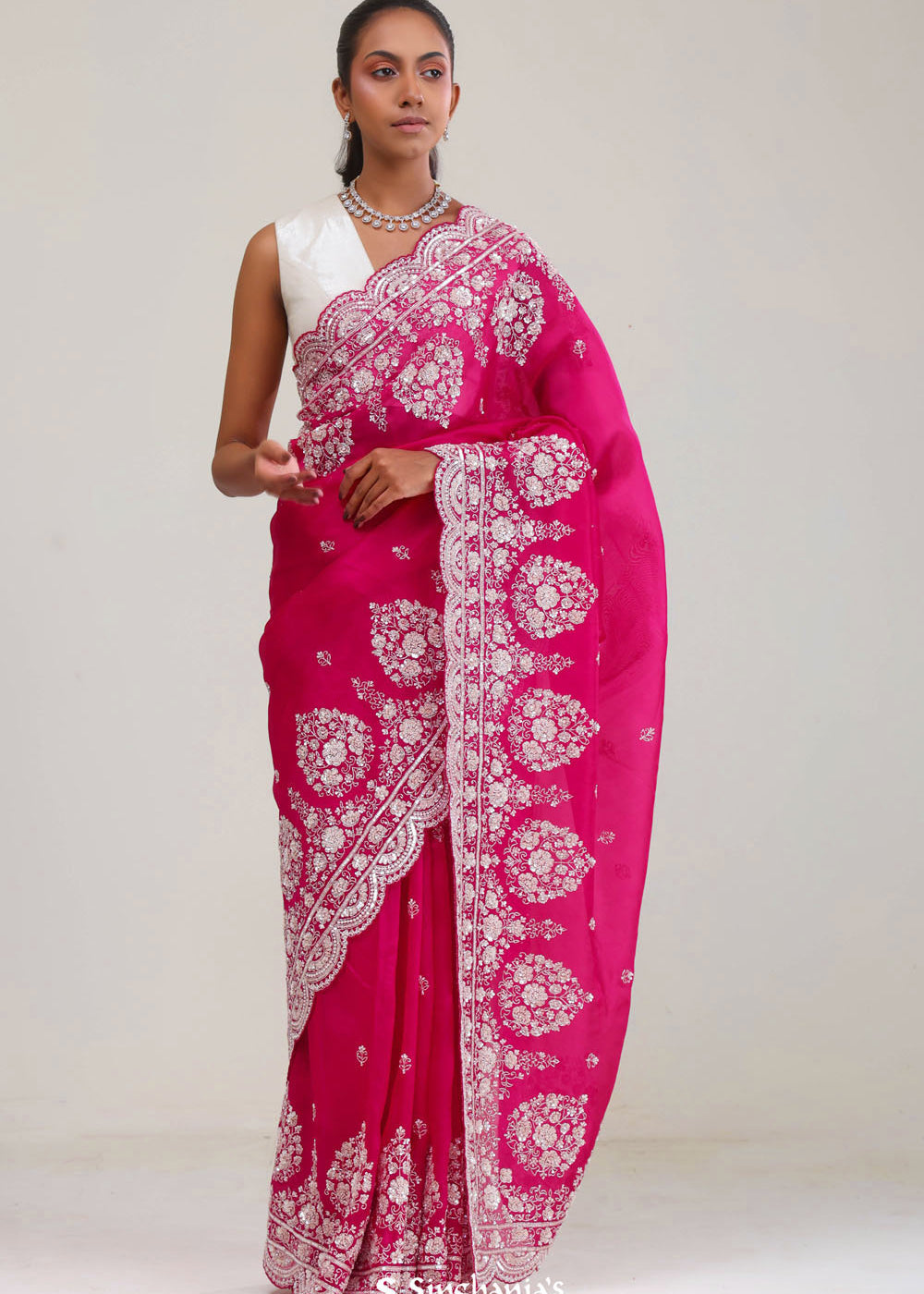 Cherry Pink Crafted Buttis Organza Saree