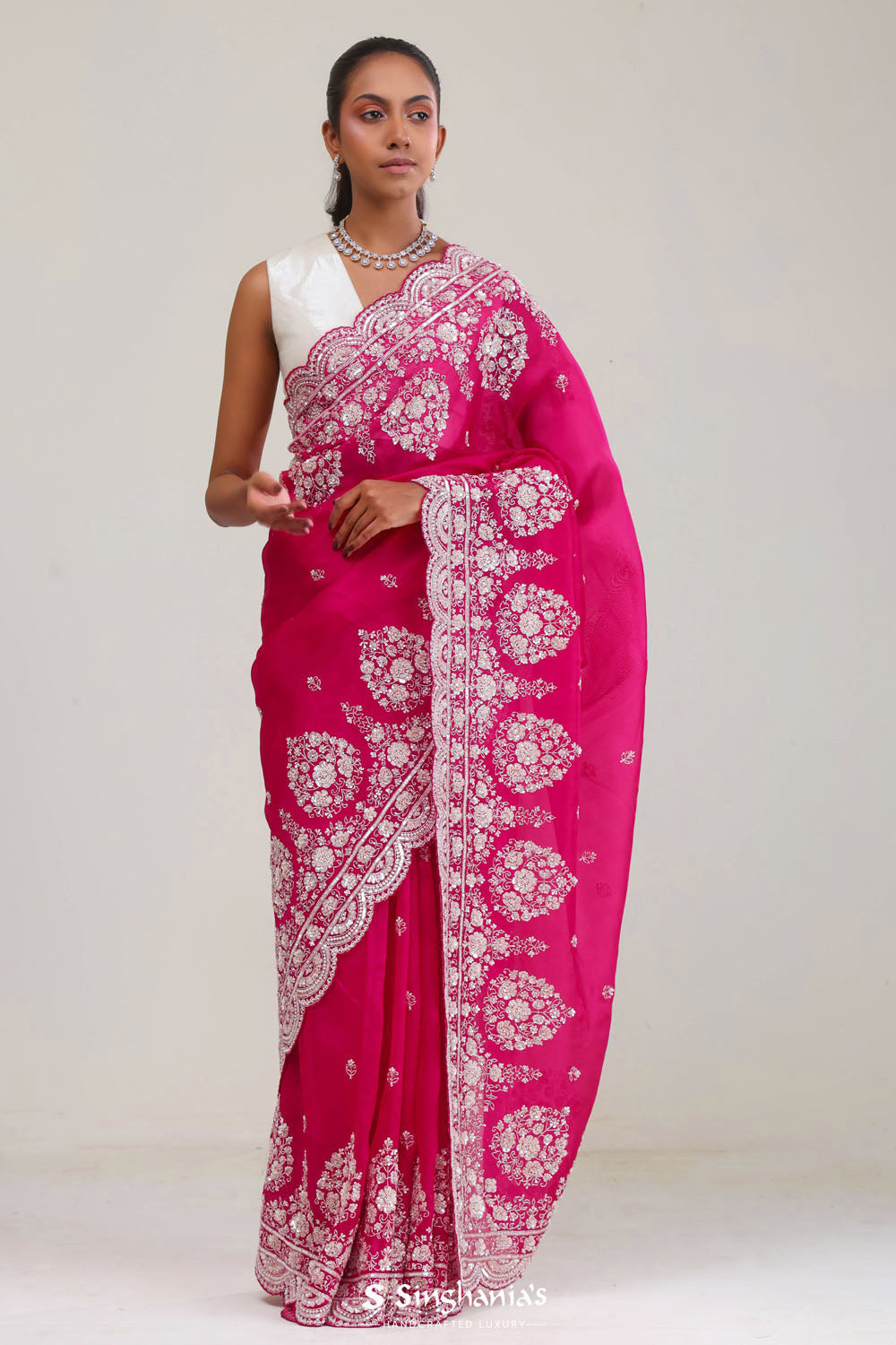 Cherry Pink Crafted Buttis Organza Saree