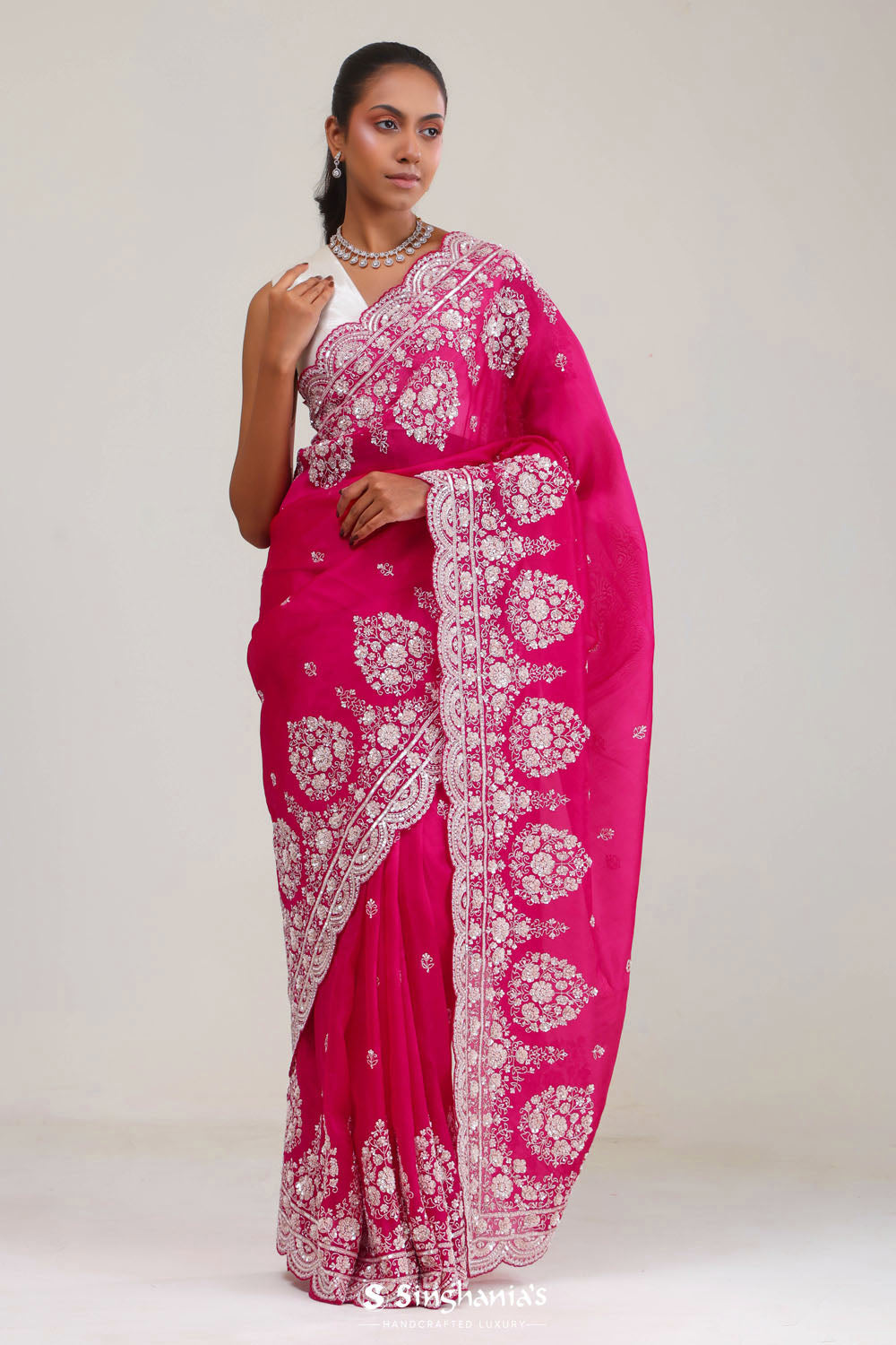 Cherry Pink Crafted Buttis Organza Saree