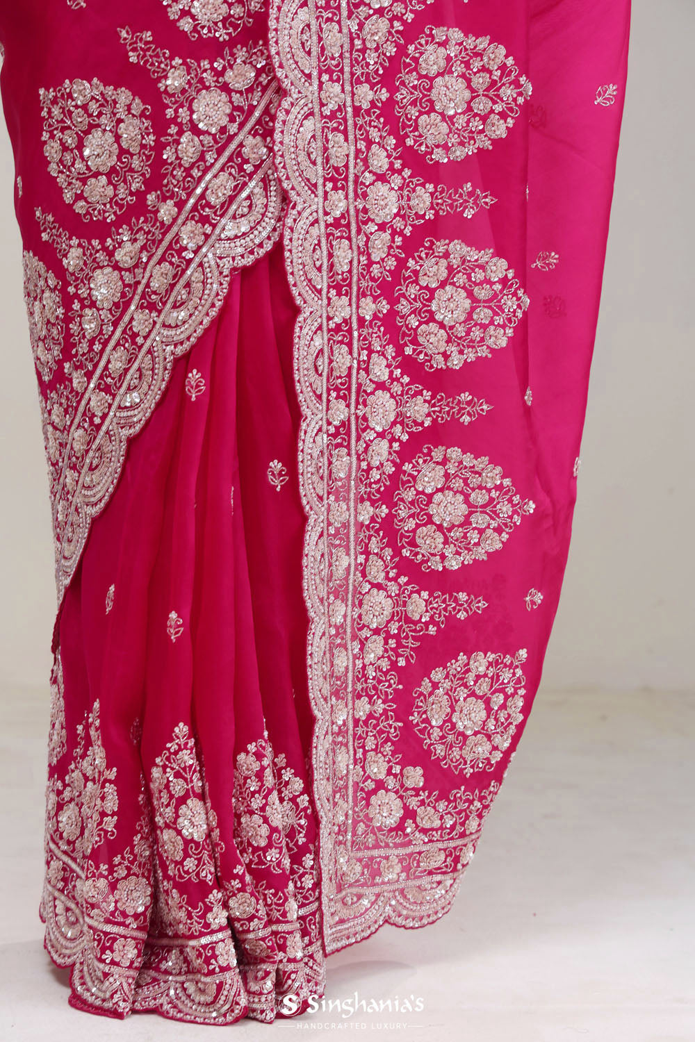 Cherry Pink Crafted Buttis Organza Saree