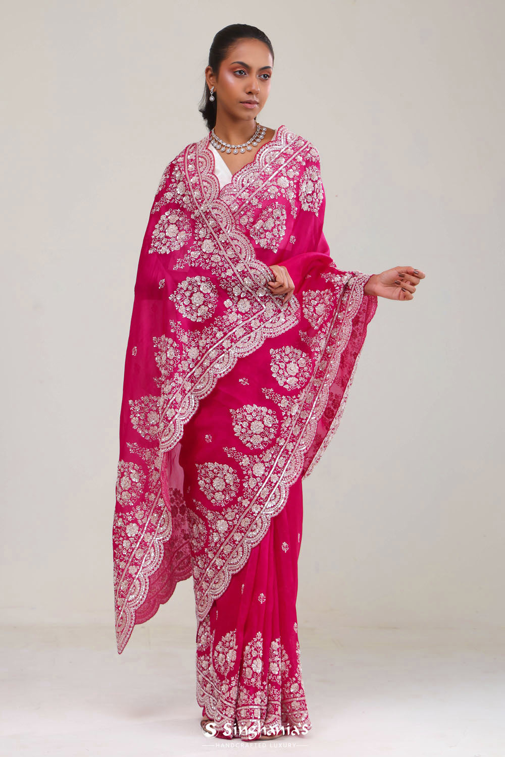 Cherry Pink Crafted Buttis Organza Saree