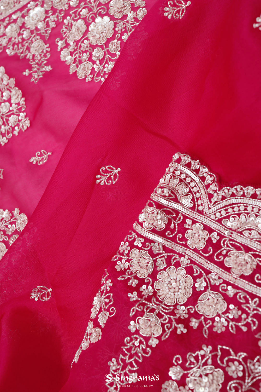 Cherry Pink Crafted Buttis Organza Saree